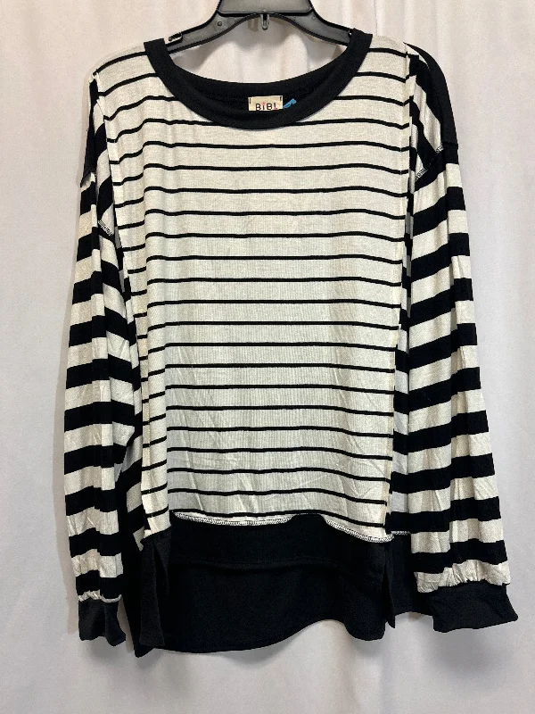Women's Blouse with Collarless NeckTop Long Sleeve By Bibi In Black & White, Size: L