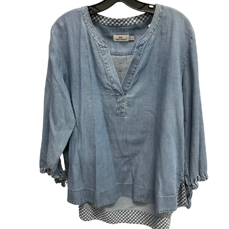 Women's Blouse with ShirringTop Long Sleeve By Vineyard Vines In Blue Denim, Size: Xl