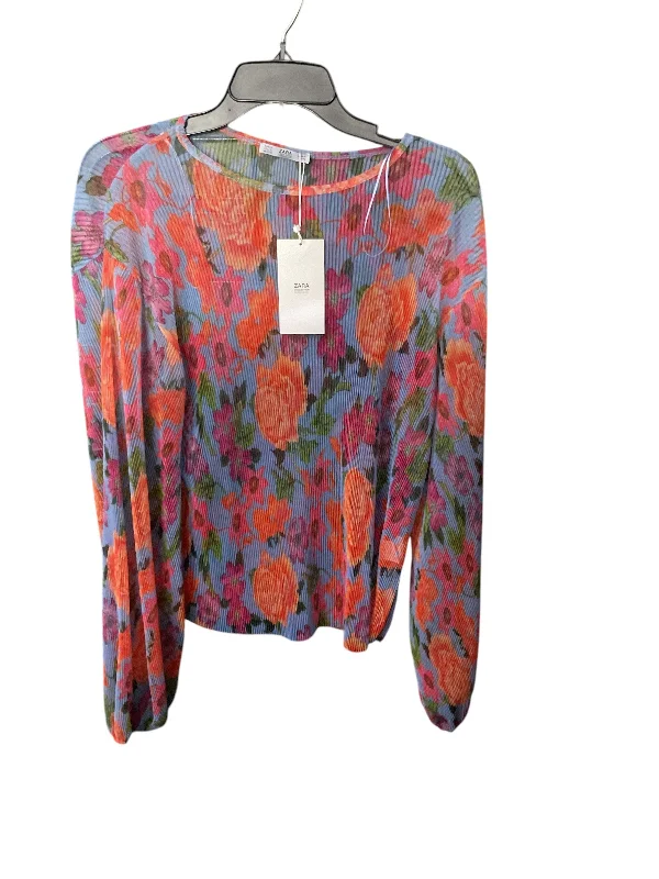 Women's Blouse with Rounded HemTop Long Sleeve By Zara In Floral Print, Size: M