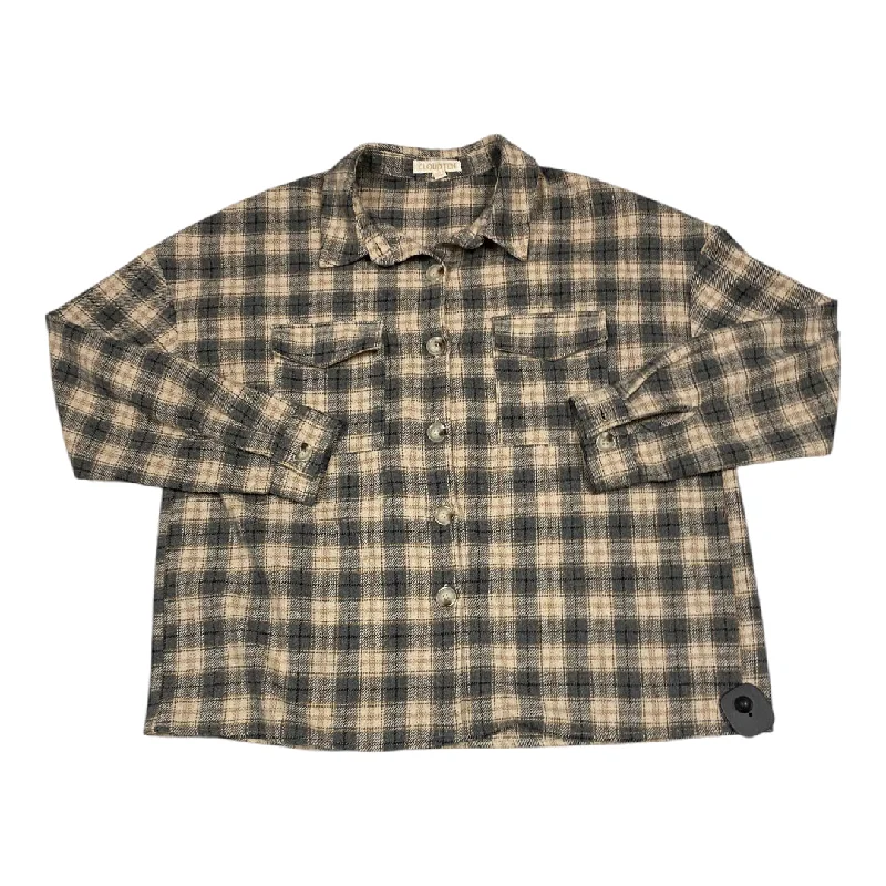 Women's Blouse with U-Shaped NeckTop Long Sleeve By CLOUD TEN In Plaid Pattern, Size: S