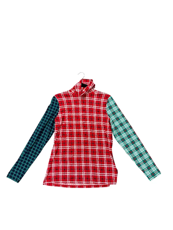 Women's Blouse with V-Shaped HemTop Long Sleeve By Lands End In Plaid Pattern, Size: L