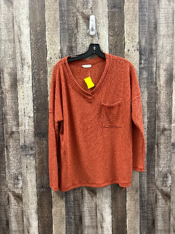 Women's Blouse with Narrow CollarTop Long Sleeve By Cme In Orange, Size: M