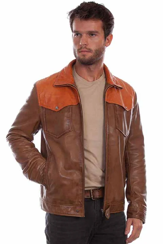 men's leather jacket with embroideryScully Mens Western Contrast Saddle Tan Leather Leather Jacket 4X