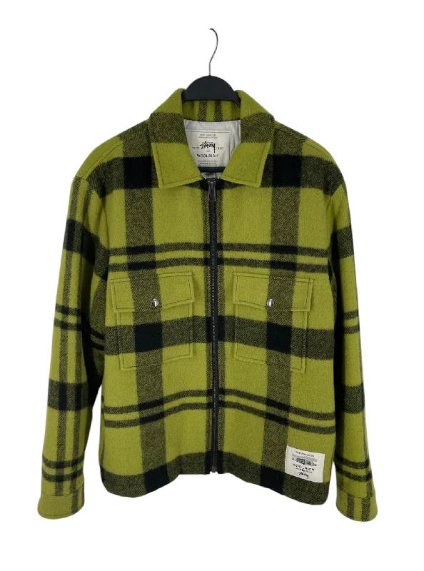 men's varsity jacket with lettersSTUSSY/Jacket/L/Wool/GRN/Plaid/WOORICH
