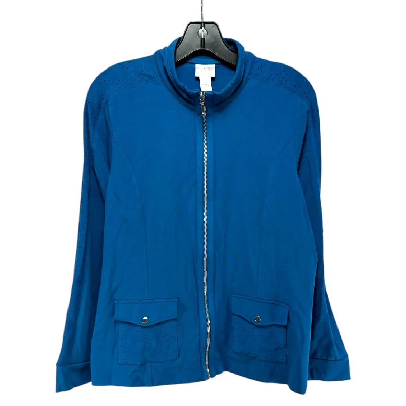 Women's Coats with Fur Trimmed CollarEyelet Crew Neck Long Sleeve Jacket By Chicos In Endless Sea, Size: M